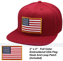 Load image into Gallery viewer, Antourage American Flag Flat Visor Constructed Snapback Hat + 2 Patriotic Patches - Burgundy