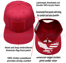 Load image into Gallery viewer, Antourage American Flag Flat Visor Constructed Snapback Hat + 2 Patriotic Patches - Wholesale: Burgundy - 10 Units ($8.00 Ea.)