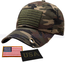 Load image into Gallery viewer, Antourage American Flag Hat for Men and Women | Vintage Baseball Tactical Hat Cap with USA Flag + 2 Patriotic Patches - Camo with Brass Keyhole