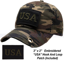 Load image into Gallery viewer, Antourage American Flag Hat for Men and Women | Vintage Baseball Tactical Hat Cap with USA Flag + 2 Patriotic Patches - Camo with Brass Keyhole