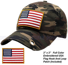 Load image into Gallery viewer, Antourage American Flag Hat for Men and Women | Vintage Baseball Tactical Hat Cap with USA Flag + 2 Patriotic Patches - Camo with Brass Keyhole