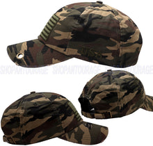 Load image into Gallery viewer, Antourage American Flag Hat for Men and Women | Vintage Baseball Tactical Hat Cap with USA Flag + 2 Patriotic Patches - Camo with Brass Keyhole