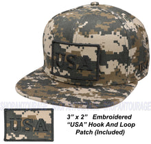 Load image into Gallery viewer, Antourage American Flag Flat Visor Constructed Snapback Hat + 2 Patriotic Patches - Digital Camo