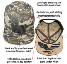 Load image into Gallery viewer, Antourage American Flag Flat Visor Constructed Snapback Hat + 2 Patriotic Patches - Digital Camo