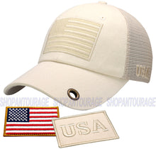 Load image into Gallery viewer, Antourage American Flag Hat for Men and Women | Classic Mesh Baseball Hat Cap with USA Flag + 2 Patriotic Patches - Beige with Keyhole