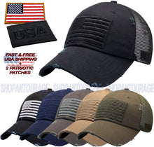 Load image into Gallery viewer, Antourage American Flag Mesh Snapback Unconstructed Unisex Trucker Hat + 2 Patriotic Patches - Black