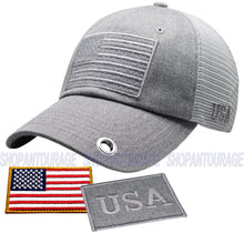 Load image into Gallery viewer, Antourage American Flag Hat for Men and Women | Classic Mesh Baseball Hat Cap with USA Flag + 2 Patriotic Patches - Grey with Keyhole