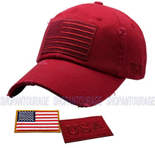 Load image into Gallery viewer, Antourage American Flag Hat for Men and Women | Vintage Baseball Tactical Hat Cap with USA Flag + 2 Patriotic Patches - Burgundy