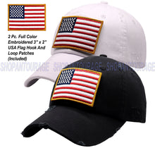 Load image into Gallery viewer, ANTOURAGE 2 PACK: American Flag Hat for Men And Women | Vintage Baseball Tactical Hat Cap With USA Flag + 4 Patches - Black + White