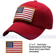 Load image into Gallery viewer, Antourage American Flag Hat for Men and Women | Vintage Baseball Tactical Hat Cap with USA Flag + 2 Patriotic Patches - Burgundy