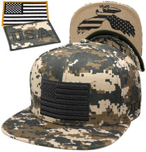 Load image into Gallery viewer, Antourage American Flag Flat Visor Constructed Snapback Hat + 2 Patriotic Patches - Digital Camo