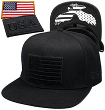 Load image into Gallery viewer, Antourage American Flag Flat Visor Constructed Snapback Hat + 2 Patriotic Patches - Black