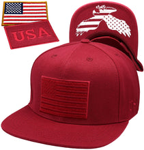 Load image into Gallery viewer, Antourage American Flag Flat Visor Constructed Snapback Hat + 2 Patriotic Patches - Burgundy