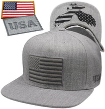 Load image into Gallery viewer, Antourage American Flag Flat Visor Constructed Snapback Hat + 2 Patriotic Patches - Grey