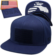Load image into Gallery viewer, Antourage American Flag Flat Visor Constructed Snapback Hat + 2 Patriotic Patches - Navy
