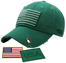 Load image into Gallery viewer, Antourage American Flag Hat for Men and Women | Vintage Baseball Tactical Hat Cap with USA Flag + 2 Patriotic Patches - Green with Brass Keyhole