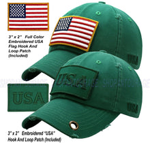Load image into Gallery viewer, Antourage American Flag Hat for Men and Women | Vintage Baseball Tactical Hat Cap with USA Flag + 2 Patriotic Patches - Green with Brass Keyhole
