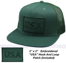Load image into Gallery viewer, Antourage American Flag Flat Visor Constructed Mesh Snapback Hat + 2 Patriotic Patches - Green
