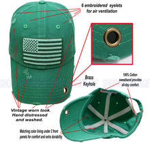 Load image into Gallery viewer, Antourage American Flag Hat for Men and Women | Vintage Baseball Tactical Hat Cap with USA Flag + 2 Patriotic Patches - Green with Brass Keyhole