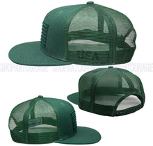 Load image into Gallery viewer, Antourage American Flag Flat Visor Constructed Mesh Snapback Hat + 2 Patriotic Patches + 2 Patriotic Patches - Wholesale: Green - 10 Units ($8.00 Ea.)