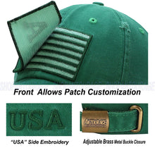 Load image into Gallery viewer, Antourage American Flag Hat for Men and Women | Vintage Baseball Tactical Hat Cap with USA Flag + 2 Patriotic Patches - Green with Brass Keyhole