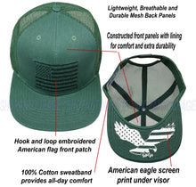 Load image into Gallery viewer, Antourage American Flag Flat Visor Constructed Mesh Snapback Hat + 2 Patriotic Patches - Green
