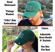 Load image into Gallery viewer, Antourage American Flag Hat for Men and Women | Vintage Baseball Tactical Hat Cap with USA Flag + 2 Patriotic Patches - Green with Brass Keyhole