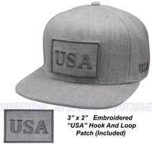 Load image into Gallery viewer, Antourage American Flag Flat Visor Constructed Snapback Hat + 2 Patriotic Patches - Grey