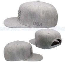Load image into Gallery viewer, Antourage American Flag Flat Visor Constructed Snapback Hat + 2 Patriotic Patches - Wholesale: Grey - 10 Units ($8.00 Ea.)