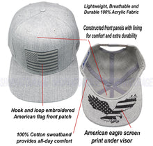 Load image into Gallery viewer, Antourage American Flag Flat Visor Constructed Snapback Hat + 2 Patriotic Patches - Grey