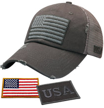Load image into Gallery viewer, BLUDOBIE American Flag Mesh Snapback Unconstructed Unisex Trucker Hat + 2 Patriotic Patches - Grey