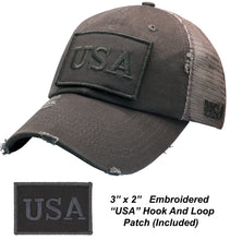 Load image into Gallery viewer, BLUDOBIE American Flag Mesh Snapback Unconstructed Unisex Trucker Hat + 2 Patriotic Patches - Grey