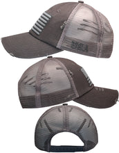 Load image into Gallery viewer, BLUDOBIE American Flag Mesh Snapback Unconstructed Unisex Trucker Hat + 2 Patriotic Patches - Grey