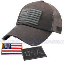 Load image into Gallery viewer, Antourage American Flag Mesh Snapback Unconstructed Unisex Trucker Hat + 2 Patriotic Patches - Grey