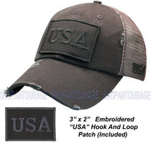 Load image into Gallery viewer, Antourage American Flag Mesh Snapback Unconstructed Unisex Trucker Hat + 2 Patriotic Patches - Grey