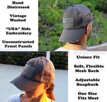 Load image into Gallery viewer, Antourage American Flag Mesh Snapback Unconstructed Unisex Trucker Hat + 2 Patriotic Patches - Grey