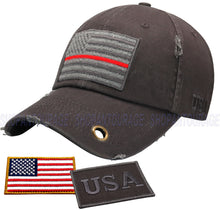 Load image into Gallery viewer, Antourage American Flag Hat for Men and Women | Vintage Baseball Tactical Hat Cap with USA Flag + 2 Patriotic Patches - Grey/ Thin Red Line with Brass Keyhole
