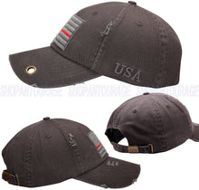 Load image into Gallery viewer, Antourage American Flag Hat for Men and Women | Vintage Baseball Tactical Hat Cap with USA Flag + 2 Patriotic Patches - Grey/ Thin Red Line with Brass Keyhole