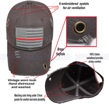 Load image into Gallery viewer, Antourage American Flag Hat for Men and Women | Vintage Baseball Tactical Hat Cap with USA Flag + 2 Patriotic Patches - Grey/ Thin Red Line with Brass Keyhole