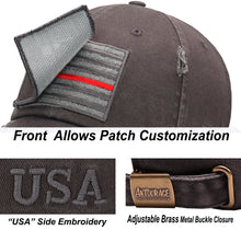 Load image into Gallery viewer, Antourage American Flag Hat for Men and Women | Vintage Baseball Tactical Hat Cap with USA Flag + 2 Patriotic Patches - Grey/ Thin Red Line with Brass Keyhole