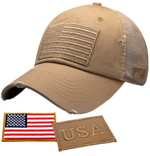 Load image into Gallery viewer, BLUDOBIE American Flag Mesh Snapback Unconstructed Unisex Trucker Hat + 2 Patriotic Patches - Khaki