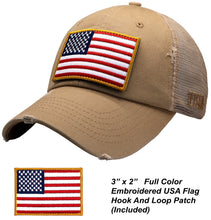 Load image into Gallery viewer, BLUDOBIE American Flag Mesh Snapback Unconstructed Unisex Trucker Hat + 2 Patriotic Patches - Khaki