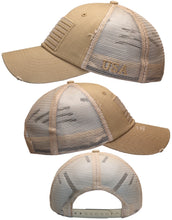 Load image into Gallery viewer, BLUDOBIE American Flag Mesh Snapback Unconstructed Unisex Trucker Hat + 2 Patriotic Patches - Khaki