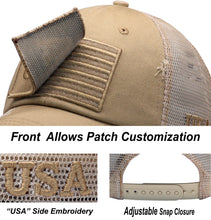 Load image into Gallery viewer, BLUDOBIE American Flag Mesh Snapback Unconstructed Unisex Trucker Hat + 2 Patriotic Patches - Khaki