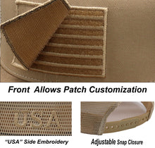 Load image into Gallery viewer, Antourage American Flag Flat Visor Constructed Mesh Snapback Hat + 2 Patriotic Patches - Khaki