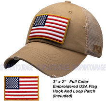 Load image into Gallery viewer, Antourage American Flag Mesh Snapback Unconstructed Unisex Trucker Hat + 2 Patriotic Patches - Khaki