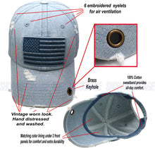Load image into Gallery viewer, Antourage American Flag Hat for Men and Women | Vintage Baseball Tactical Hat Cap with USA Flag + 2 Patriotic Patches - Lt.Denim with Brass Keyhole