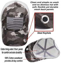 Load image into Gallery viewer, Antourage American Flag Hat for Men and Women | Classic Mesh Baseball Hat Cap with USA Flag + 2 Patriotic Patches - Black Camo with Keyhole