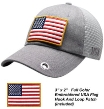 Load image into Gallery viewer, Antourage American Flag Hat for Men and Women | Classic Mesh Baseball Hat Cap with USA Flag + 2 Patriotic Patches - Grey with Keyhole