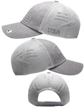 Load image into Gallery viewer, Antourage American Flag Hat for Men and Women | Classic Mesh Baseball Hat Cap with USA Flag + 2 Patriotic Patches - Grey with Keyhole